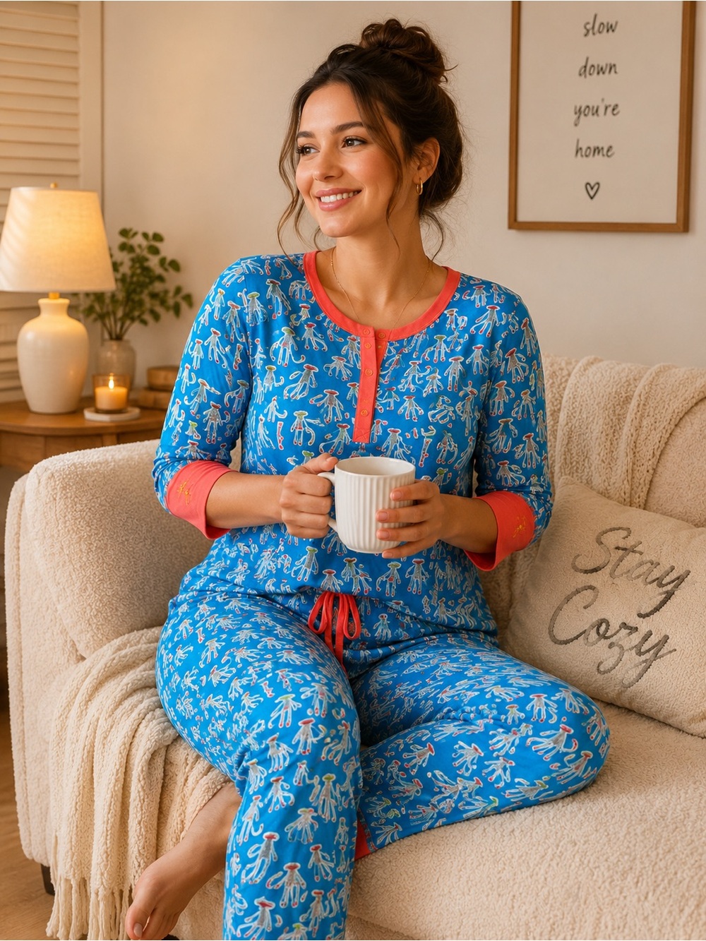 Munki Munki Pajama Set Novelty Monkey Print Blue Coral Size Medium